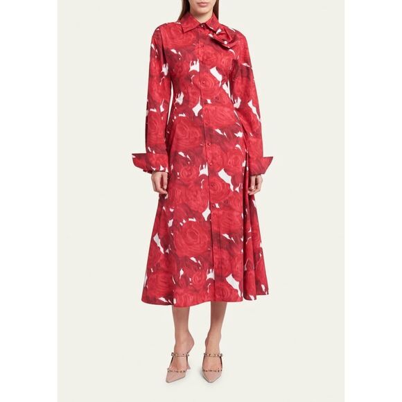 NWT Valentino Garavani Rose Print Applique Detail Midi Shirt Dress Red Size 4 $5